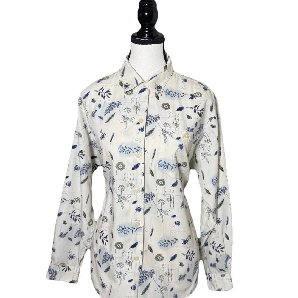 Cabin Creek Vintage Button Wrinkle Free Shirt Petite L Ivory Botanical Feather